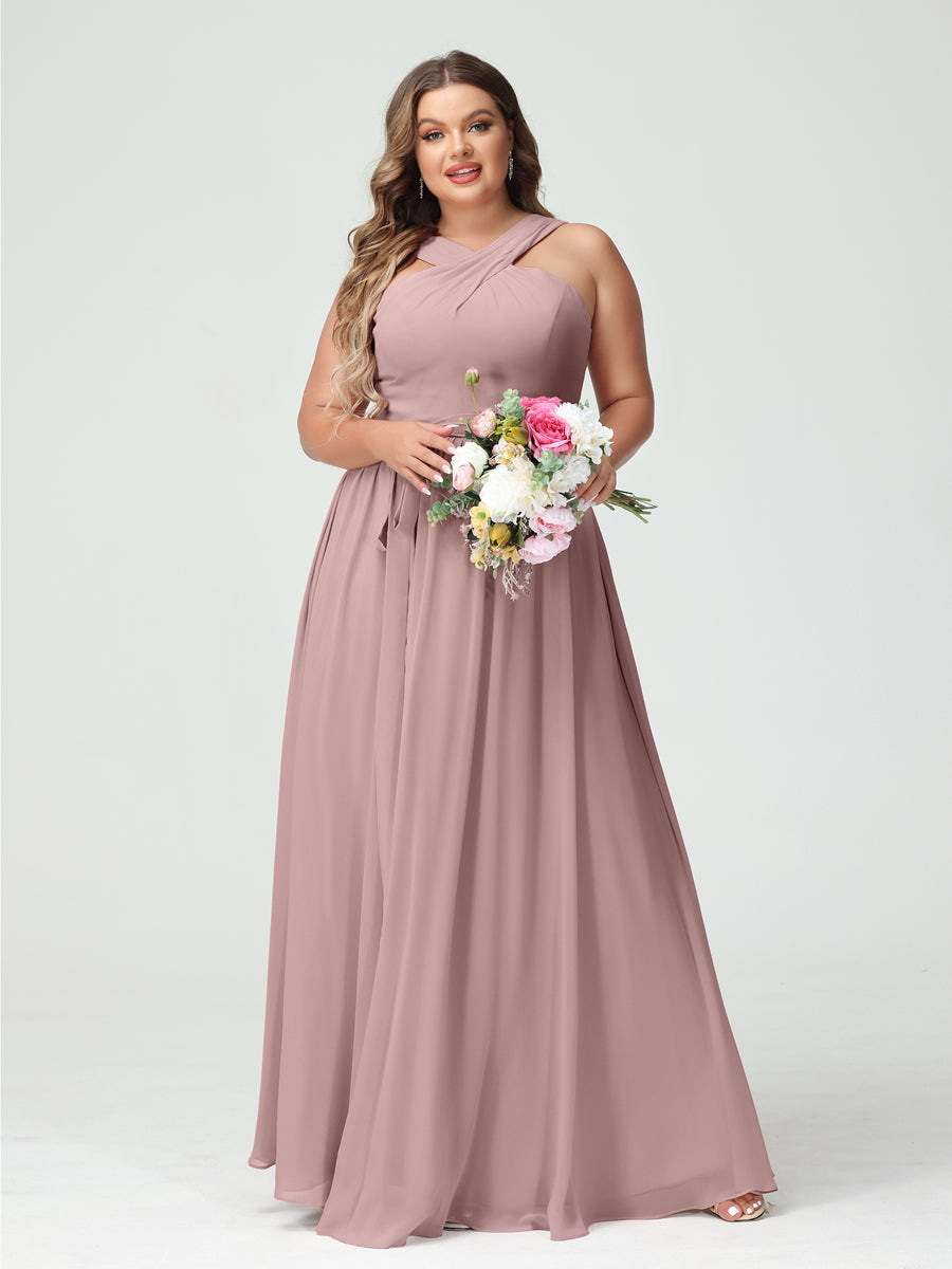 A-Line/Princess Criss Cross Sleeveless Chiffon Plus Size Bridesmaid Dresses with Sash - Image 30