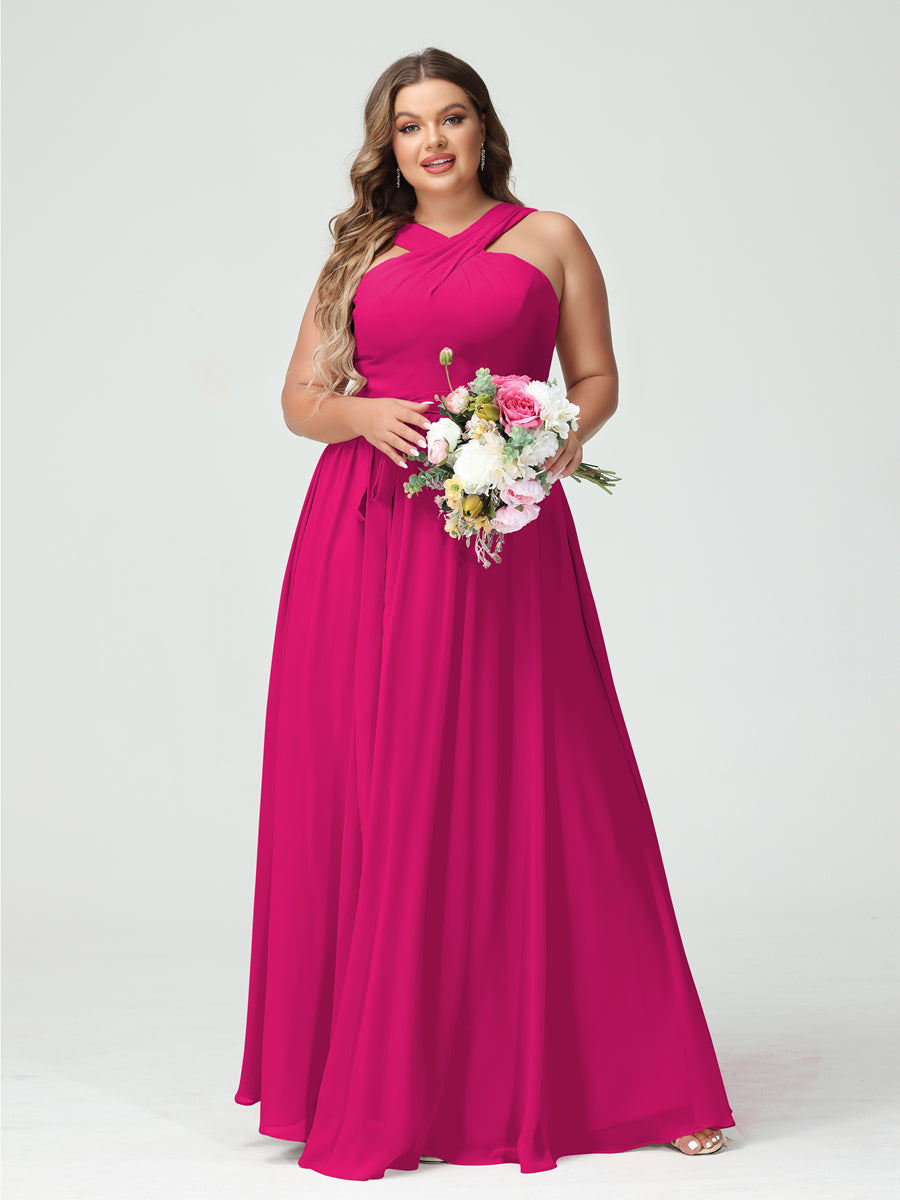 A-Line/Princess Criss Cross Sleeveless Chiffon Plus Size Bridesmaid Dresses with Sash - Image 34