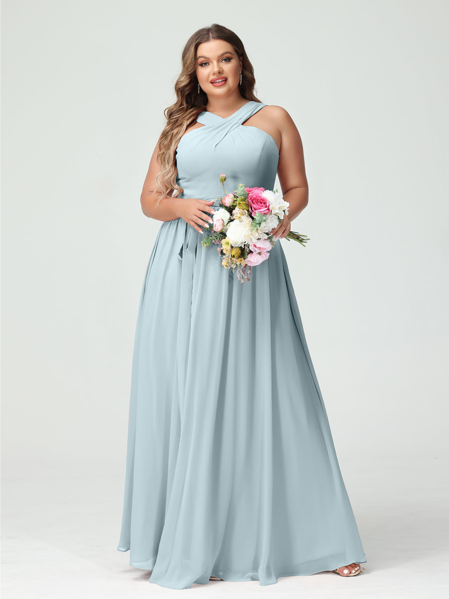 A-Line/Princess Criss Cross Sleeveless Chiffon Plus Size Bridesmaid Dresses with Sash - Image 47
