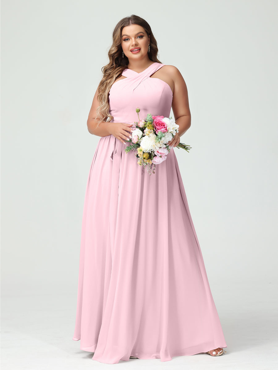 A-Line/Princess Criss Cross Sleeveless Chiffon Plus Size Bridesmaid Dresses with Sash - Image 25