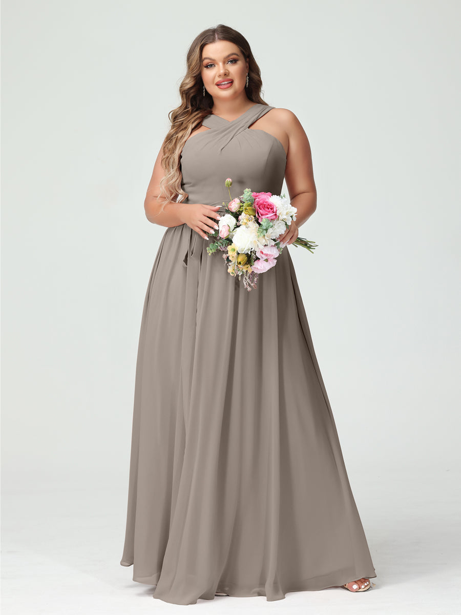 A-Line/Princess Criss Cross Sleeveless Chiffon Plus Size Bridesmaid Dresses with Sash - Image 73