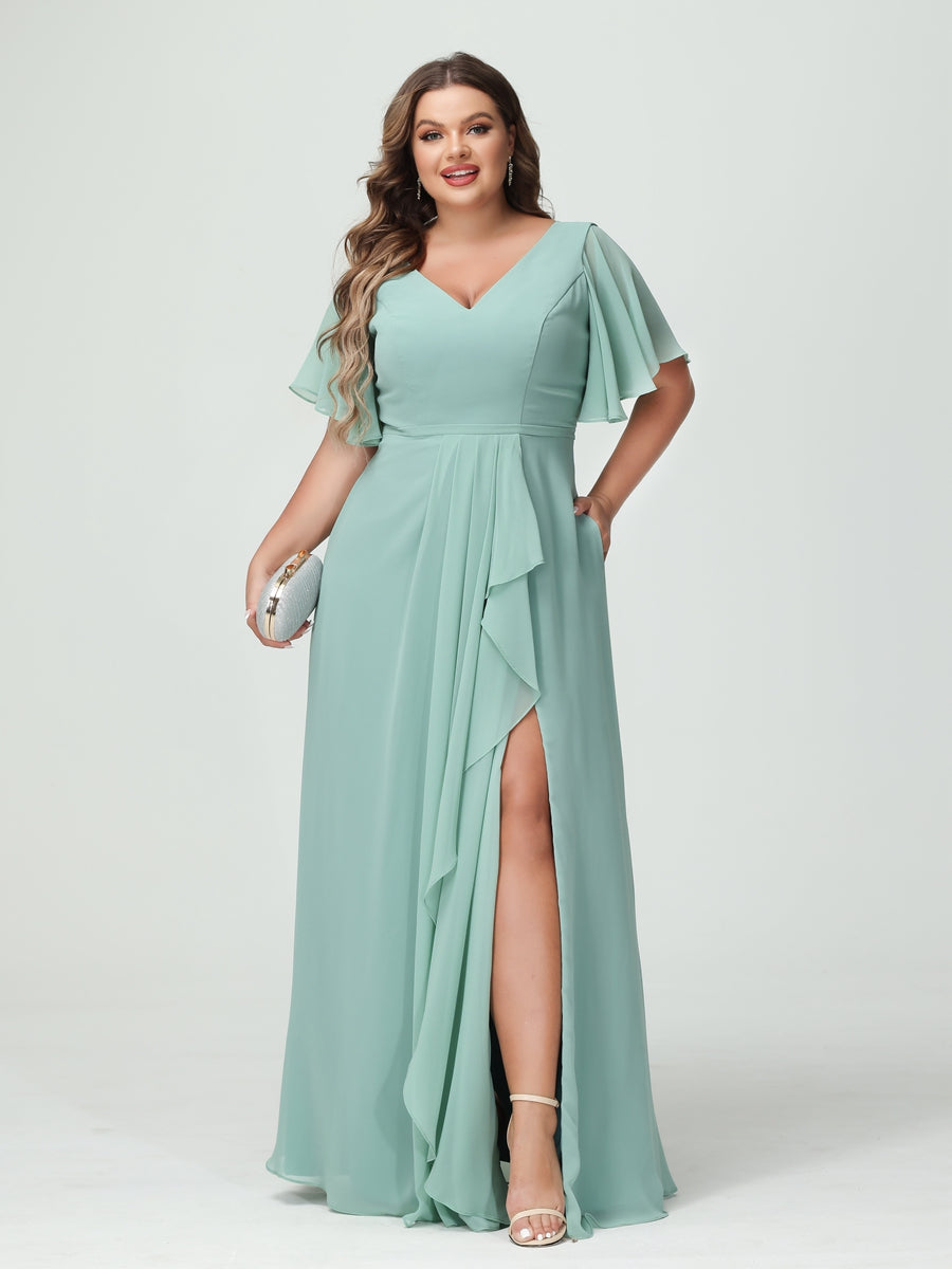 A-Line/Princess V-Neck Half Sleeves Chiffon Ruffles Plus Size Bridesmaid Dresses with Split Side - Image 4