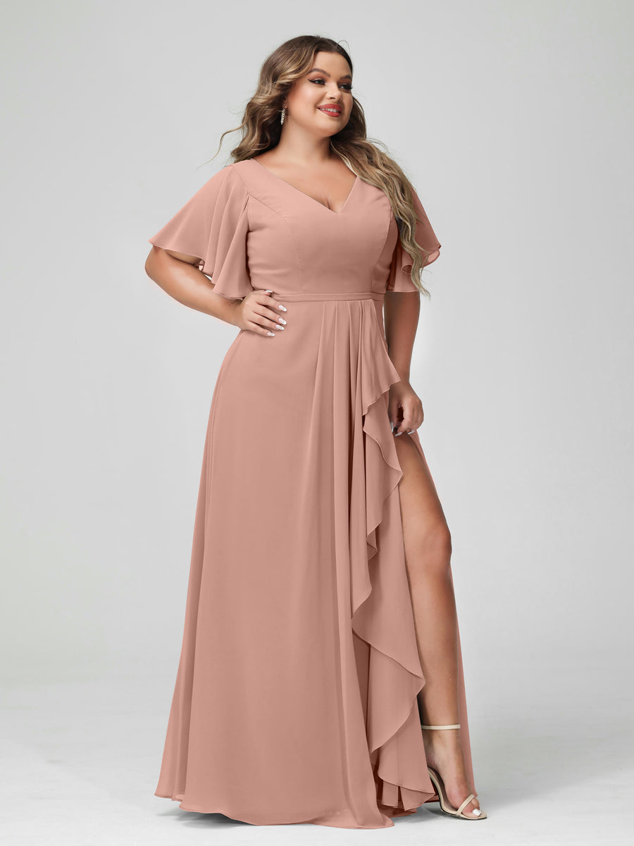 A-Line/Princess V-Neck Half Sleeves Chiffon Ruffles Plus Size Bridesmaid Dresses with Split Side - Image 7