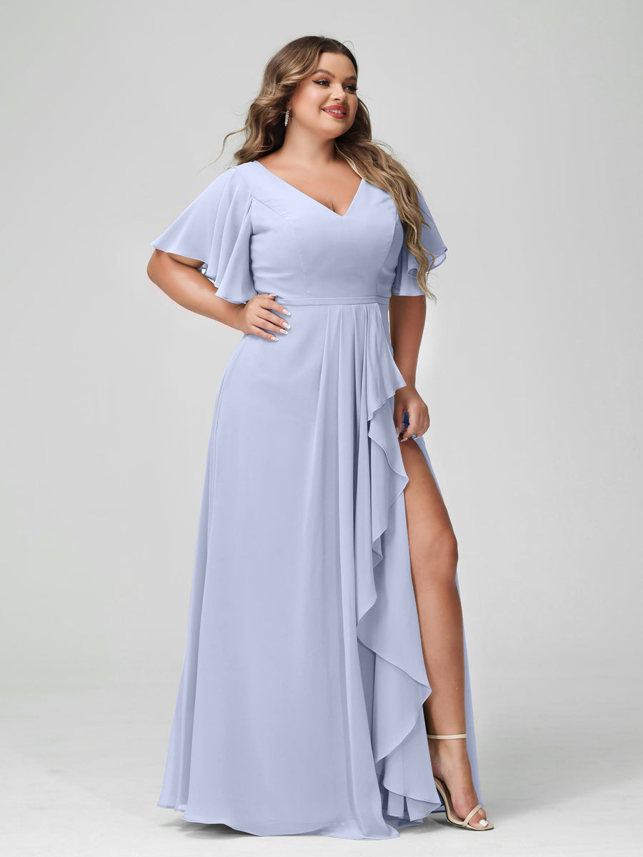 A-Line/Princess V-Neck Half Sleeves Chiffon Ruffles Plus Size Bridesmaid Dresses with Split Side - Image 48