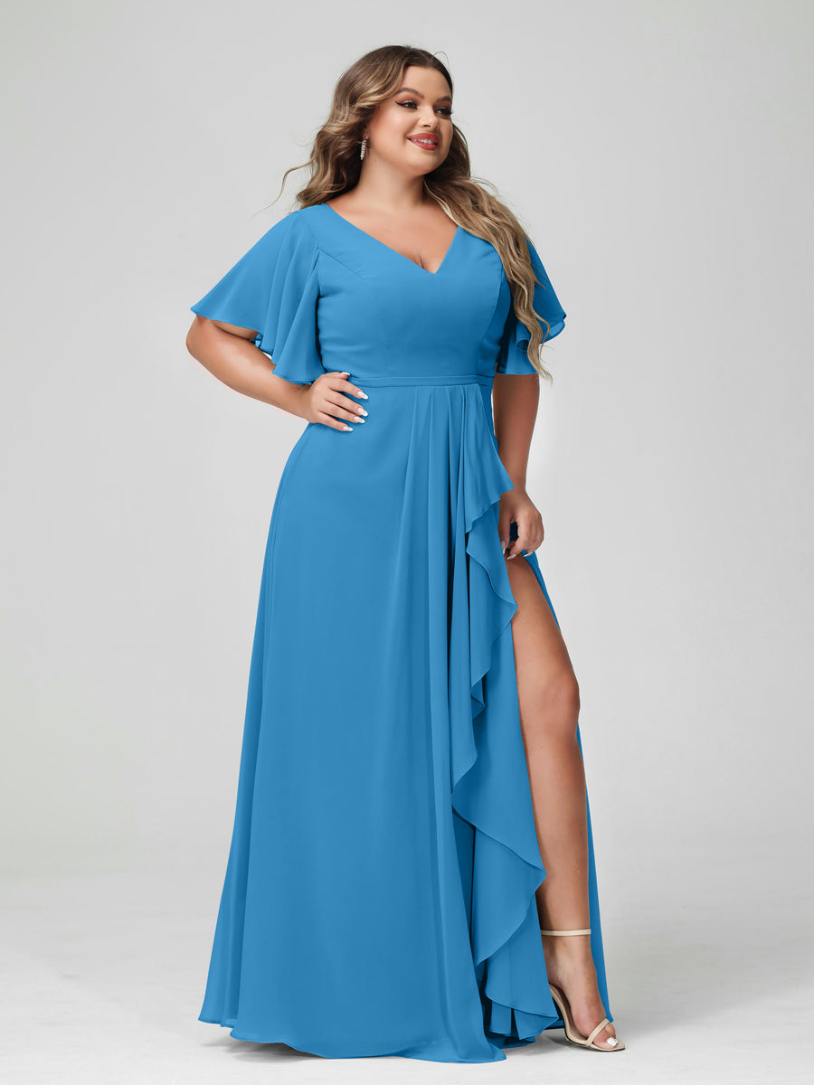 A-Line/Princess V-Neck Half Sleeves Chiffon Ruffles Plus Size Bridesmaid Dresses with Split Side - Image 53
