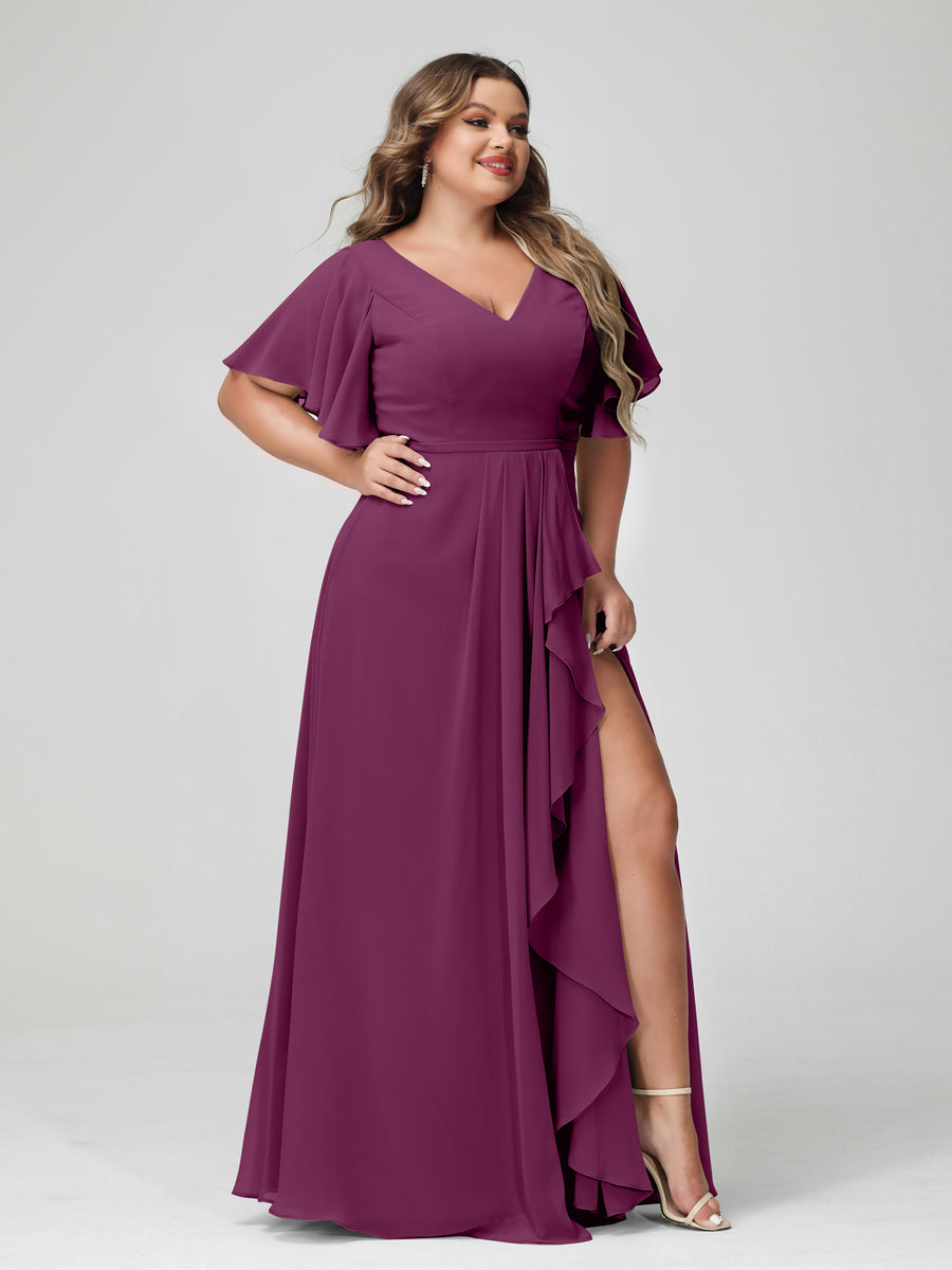 A-Line/Princess V-Neck Half Sleeves Chiffon Ruffles Plus Size Bridesmaid Dresses with Split Side - Image 44