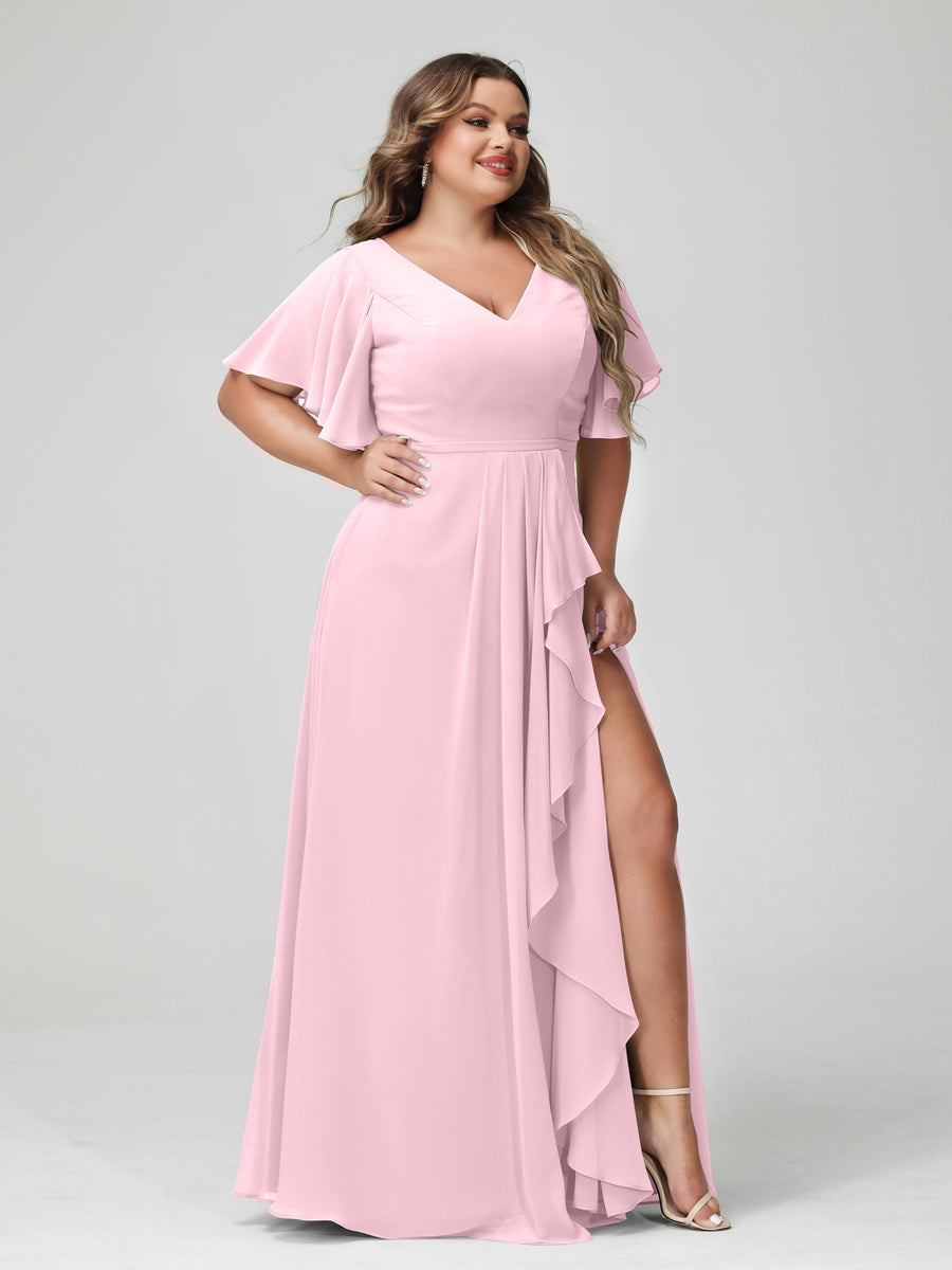 A-Line/Princess V-Neck Half Sleeves Chiffon Ruffles Plus Size Bridesmaid Dresses with Split Side - Image 25