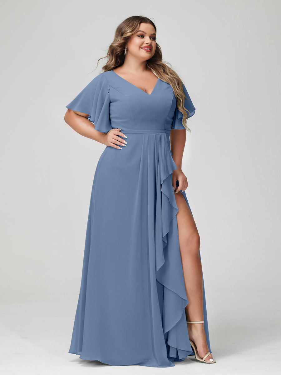 A-Line/Princess V-Neck Half Sleeves Chiffon Ruffles Plus Size Bridesmaid Dresses with Split Side - Image 51