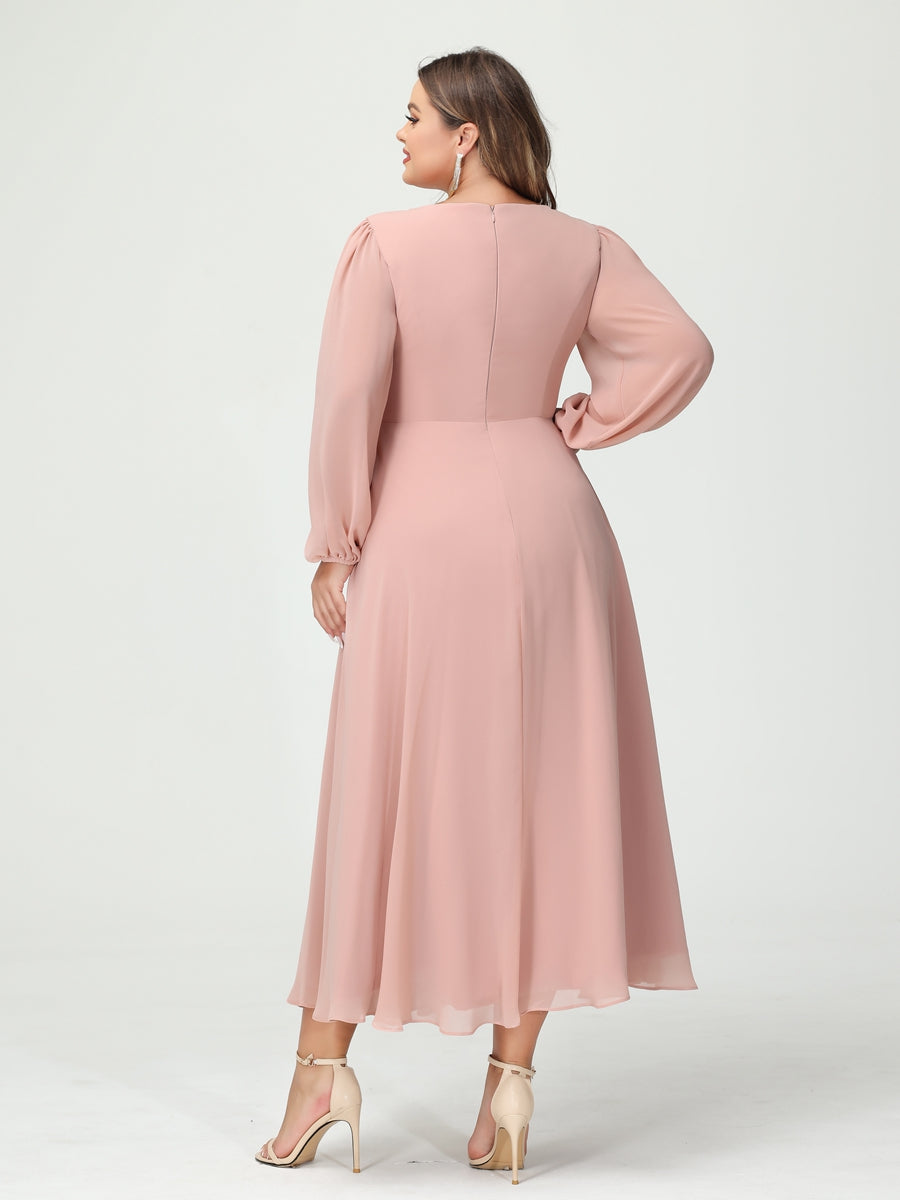 A-Line/Princess V-Neck Long Sleeves Chiffon Tea-Length Ruffles Plus Size Bridesmaid Dresses with Pockets - 이미지 2