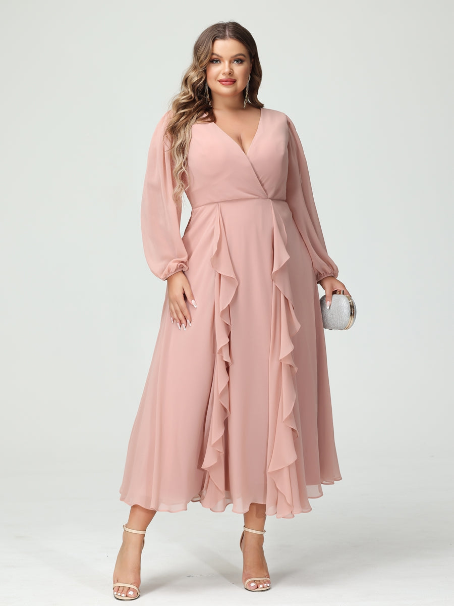 A-Line/Princess V-Neck Long Sleeves Chiffon Tea-Length Ruffles Plus Size Bridesmaid Dresses with Pockets - 이미지 3