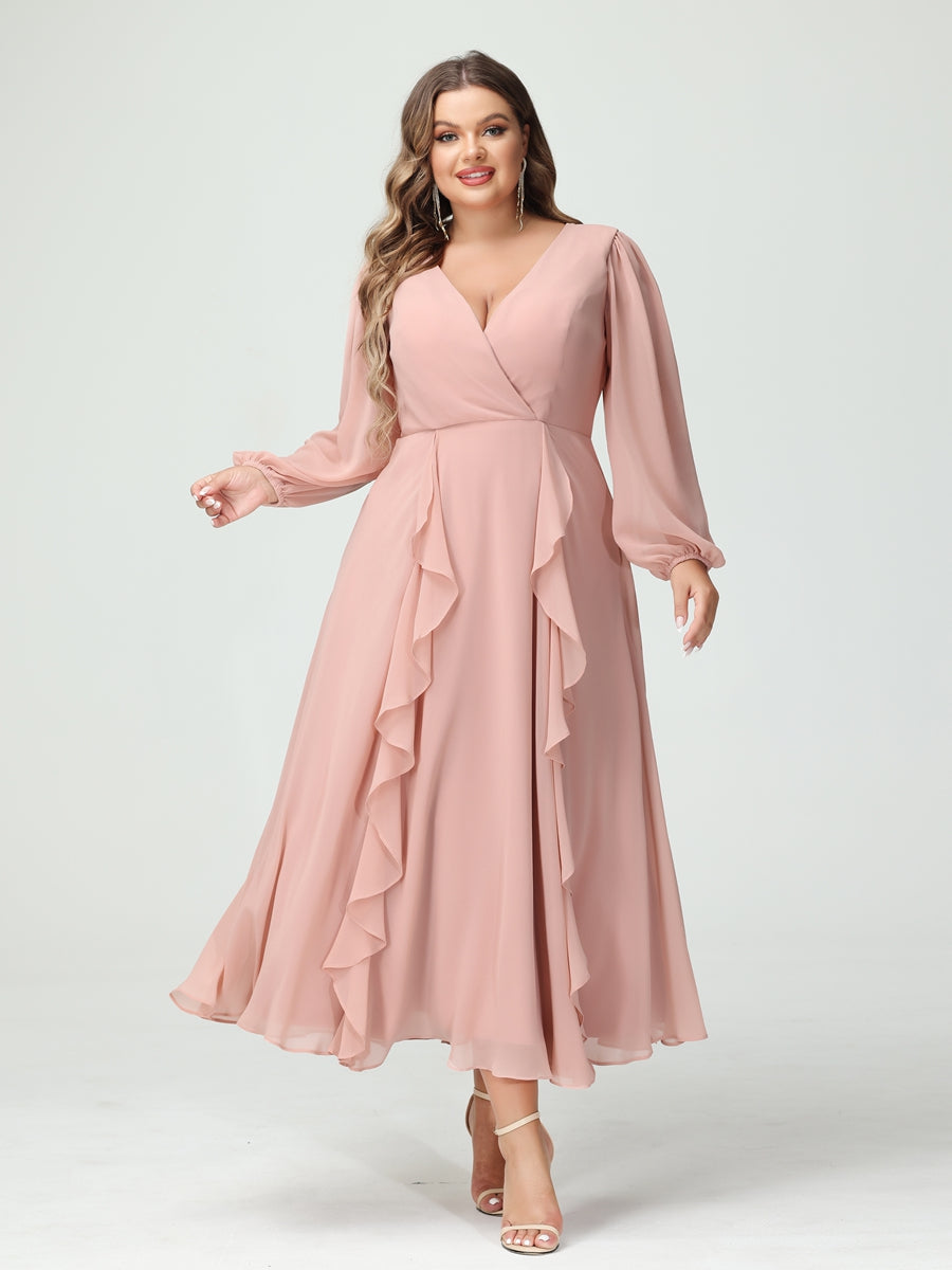 A-Line/Princess V-Neck Long Sleeves Chiffon Tea-Length Ruffles Plus Size Bridesmaid Dresses with Pockets - 이미지 5