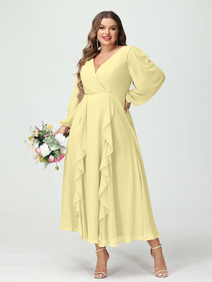 A-Line/Princess V-Neck Long Sleeves Chiffon Tea-Length Ruffles Plus Size Bridesmaid Dresses with Pockets - 이미지 69