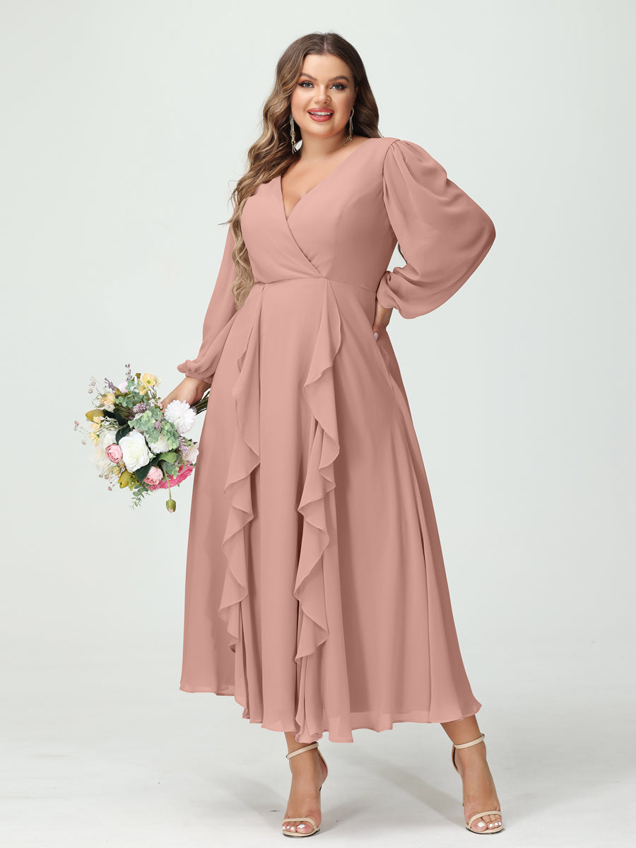 A-Line/Princess V-Neck Long Sleeves Chiffon Tea-Length Ruffles Plus Size Bridesmaid Dresses with Pockets - 이미지 7