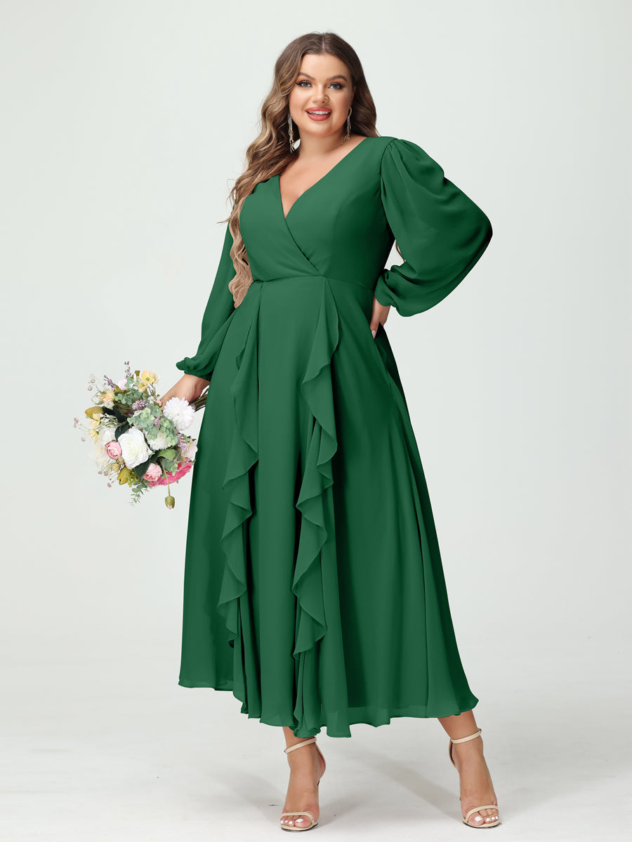 A-Line/Princess V-Neck Long Sleeves Chiffon Tea-Length Ruffles Plus Size Bridesmaid Dresses with Pockets - 이미지 67