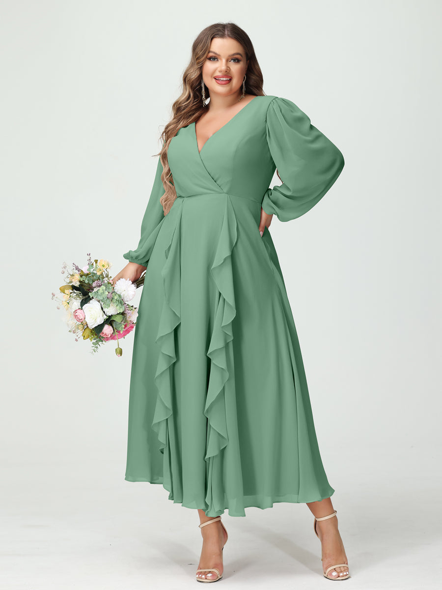 A-Line/Princess V-Neck Long Sleeves Chiffon Tea-Length Ruffles Plus Size Bridesmaid Dresses with Pockets - 이미지 17