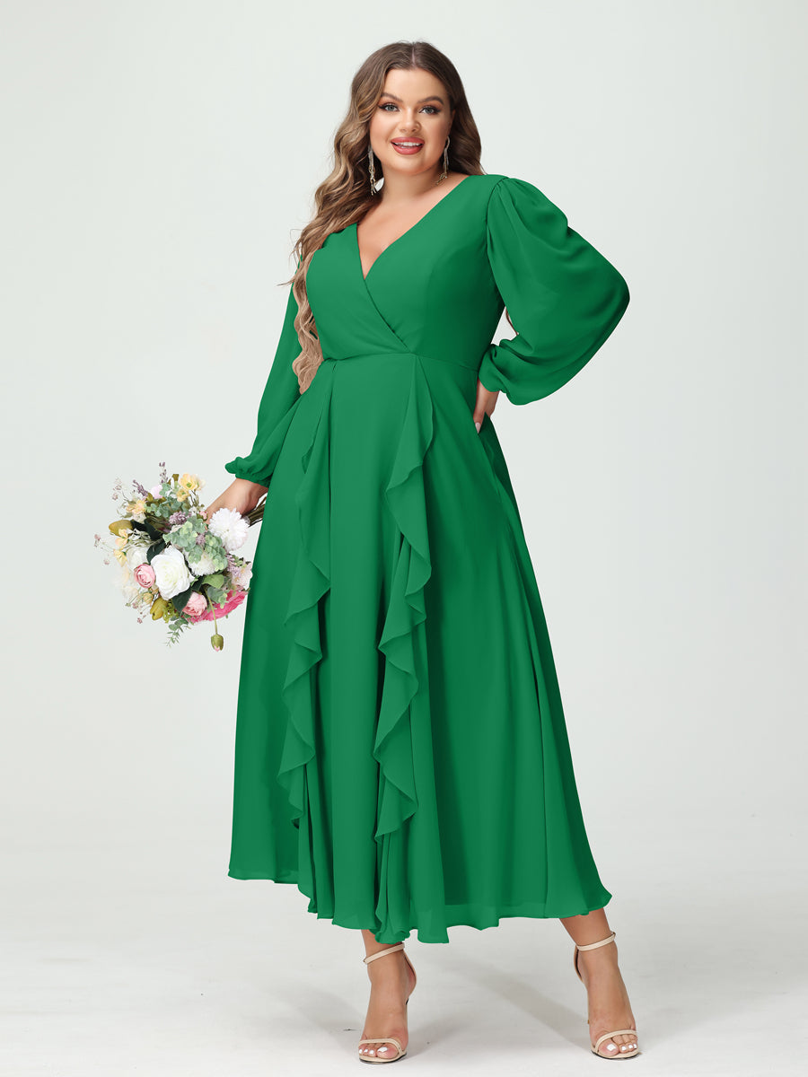 A-Line/Princess V-Neck Long Sleeves Chiffon Tea-Length Ruffles Plus Size Bridesmaid Dresses with Pockets - 이미지 64