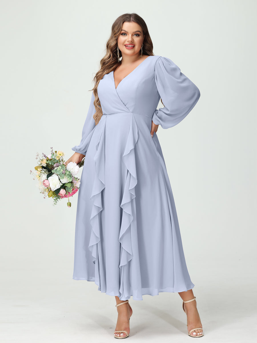 A-Line/Princess V-Neck Long Sleeves Chiffon Tea-Length Ruffles Plus Size Bridesmaid Dresses with Pockets - 이미지 48