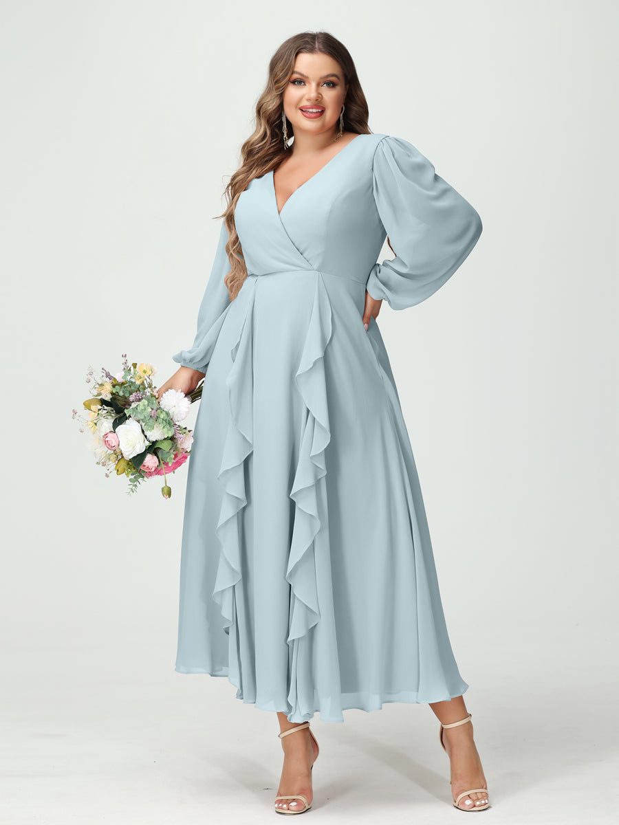 A-Line/Princess V-Neck Long Sleeves Chiffon Tea-Length Ruffles Plus Size Bridesmaid Dresses with Pockets - 이미지 47