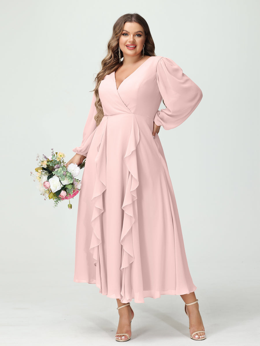 A-Line/Princess V-Neck Long Sleeves Chiffon Tea-Length Ruffles Plus Size Bridesmaid Dresses with Pockets - 이미지 27