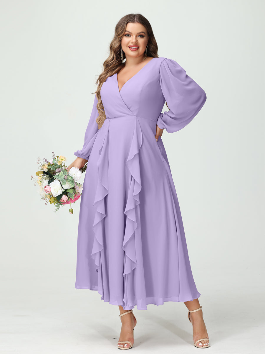 A-Line/Princess V-Neck Long Sleeves Chiffon Tea-Length Ruffles Plus Size Bridesmaid Dresses with Pockets - 이미지 14