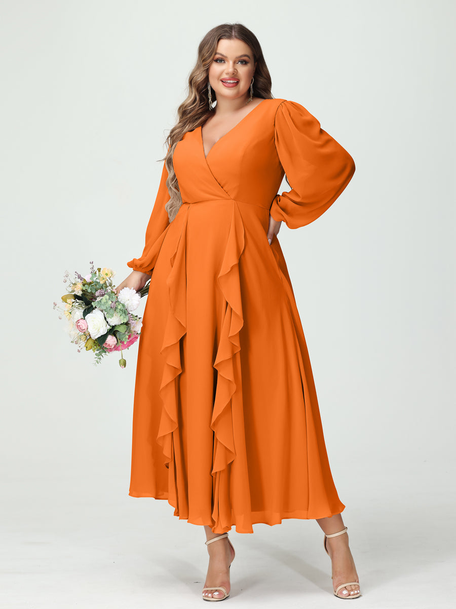A-Line/Princess V-Neck Long Sleeves Chiffon Tea-Length Ruffles Plus Size Bridesmaid Dresses with Pockets - 이미지 72
