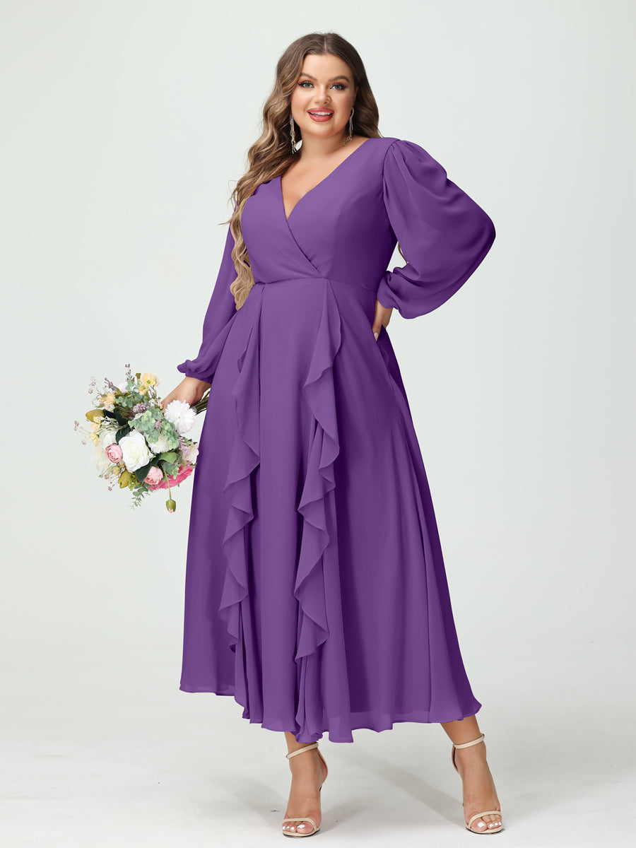 A-Line/Princess V-Neck Long Sleeves Chiffon Tea-Length Ruffles Plus Size Bridesmaid Dresses with Pockets - 이미지 42