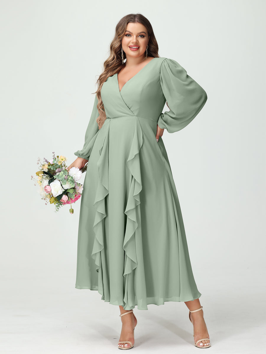 A-Line/Princess V-Neck Long Sleeves Chiffon Tea-Length Ruffles Plus Size Bridesmaid Dresses with Pockets - 이미지 10