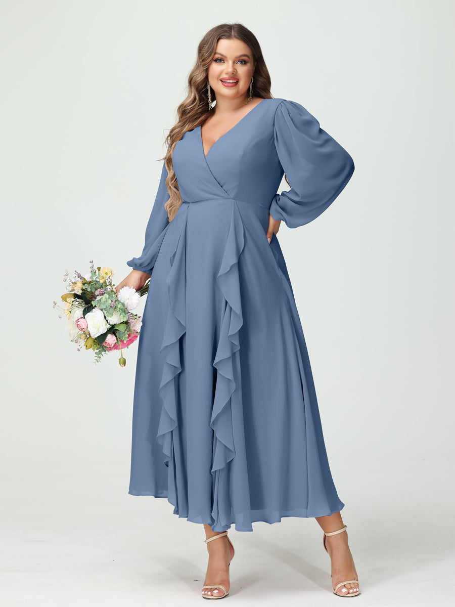 A-Line/Princess V-Neck Long Sleeves Chiffon Tea-Length Ruffles Plus Size Bridesmaid Dresses with Pockets - 이미지 51