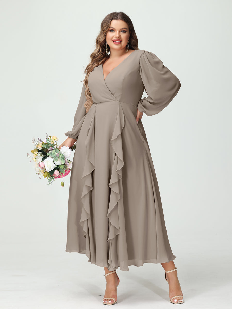 A-Line/Princess V-Neck Long Sleeves Chiffon Tea-Length Ruffles Plus Size Bridesmaid Dresses with Pockets - 이미지 73