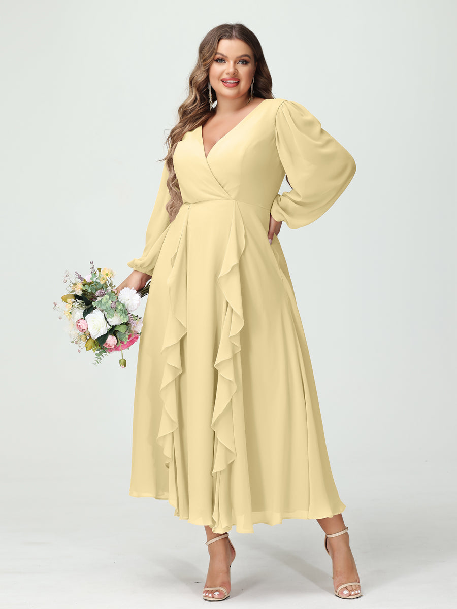 A-Line/Princess V-Neck Long Sleeves Chiffon Tea-Length Ruffles Plus Size Bridesmaid Dresses with Pockets - 이미지 68