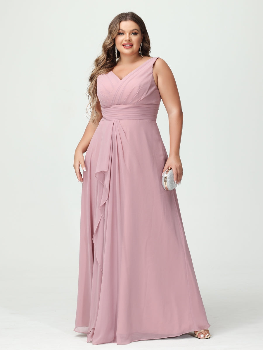 A-Line/Princess V-Neck Sleeveless Chiffon Ruffles Plus Size Bridesmaid Dresses with Pockets - Image 5