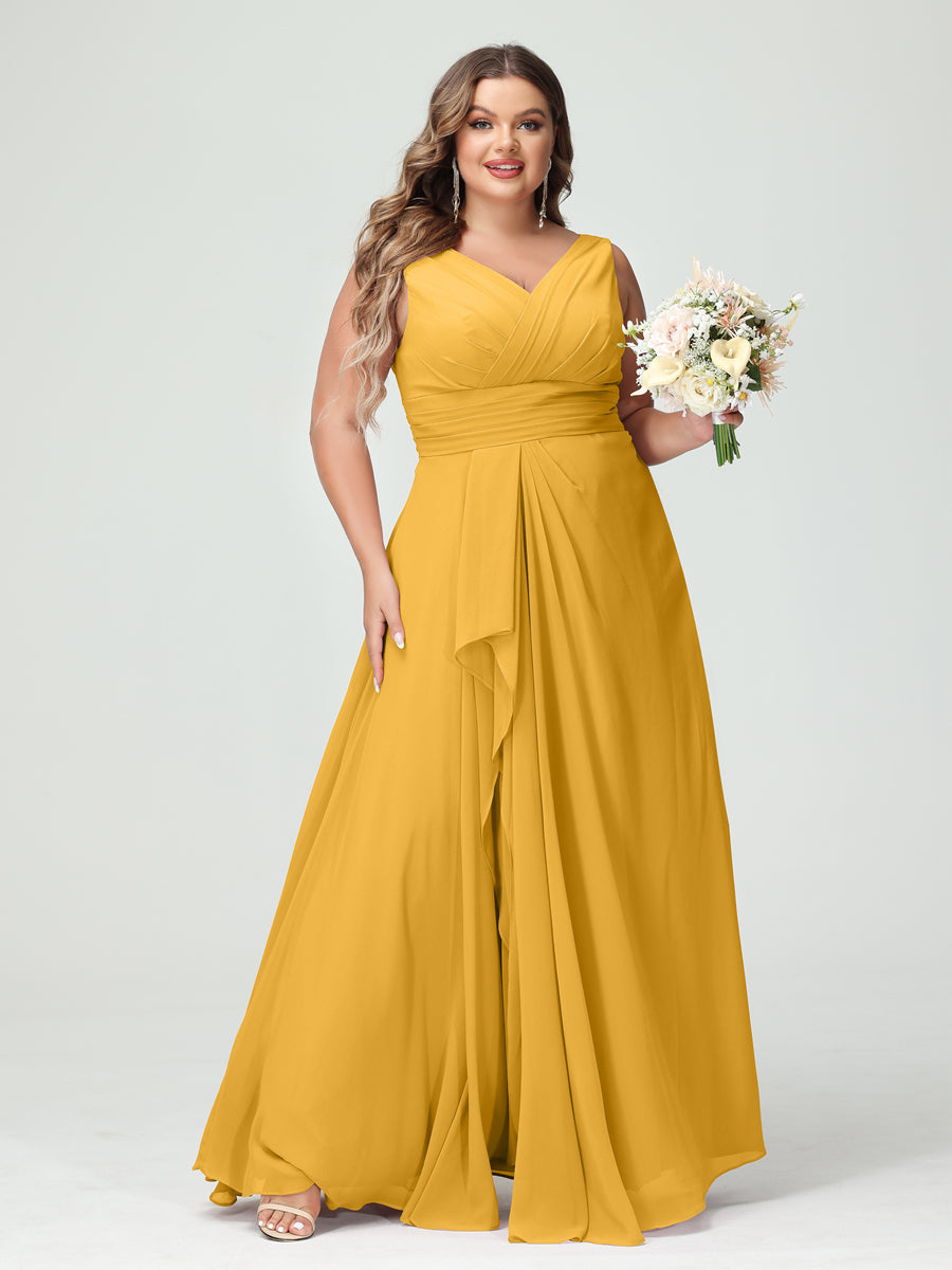 A-Line/Princess V-Neck Sleeveless Chiffon Ruffles Plus Size Bridesmaid Dresses with Pockets - Image 70