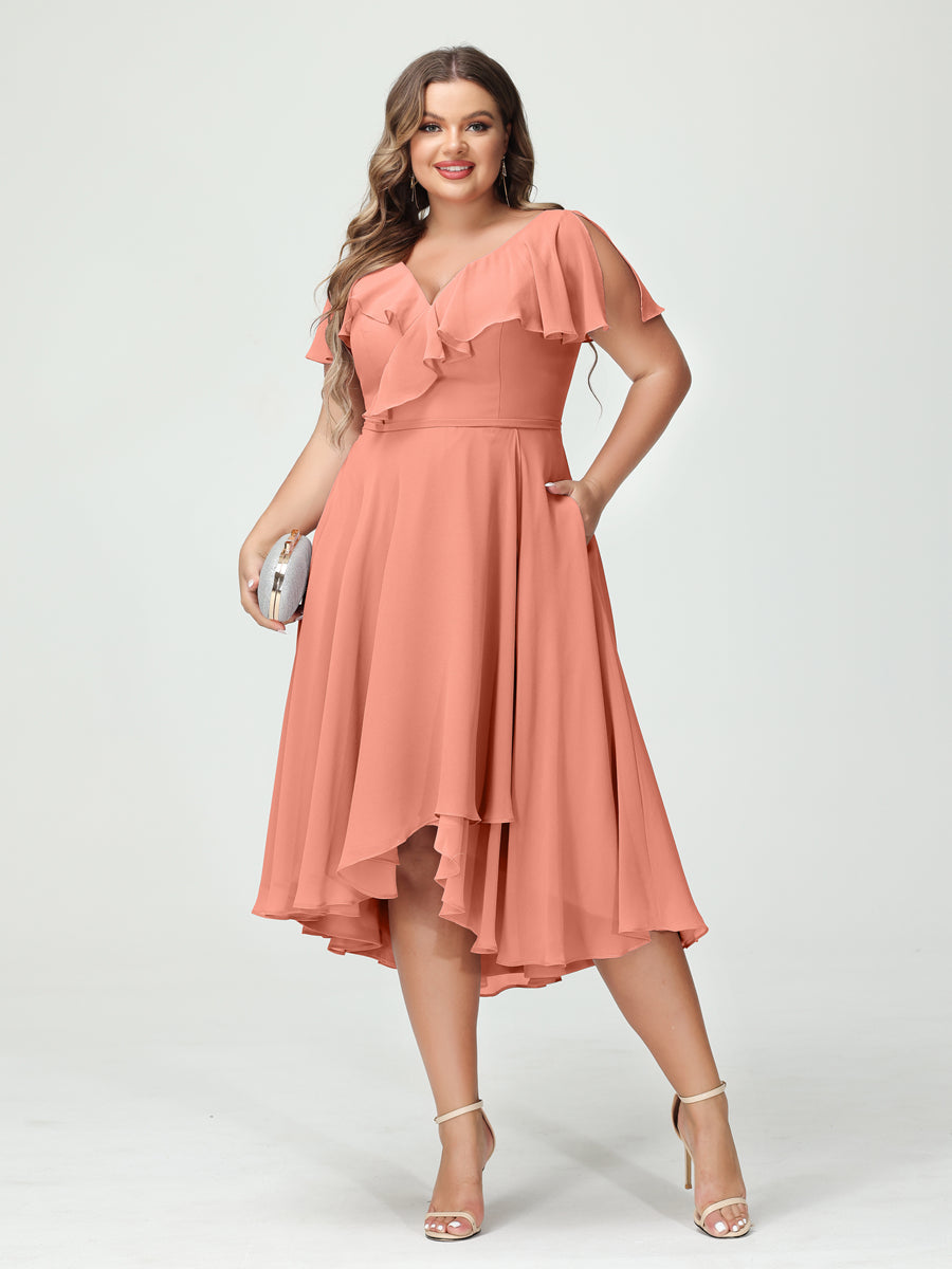 A-Line/Princess V-Neck Short Sleeves Chiffon Ruffles High-Low Plus Size Bridesmaid Dresses with Pockets - 画像 (15)