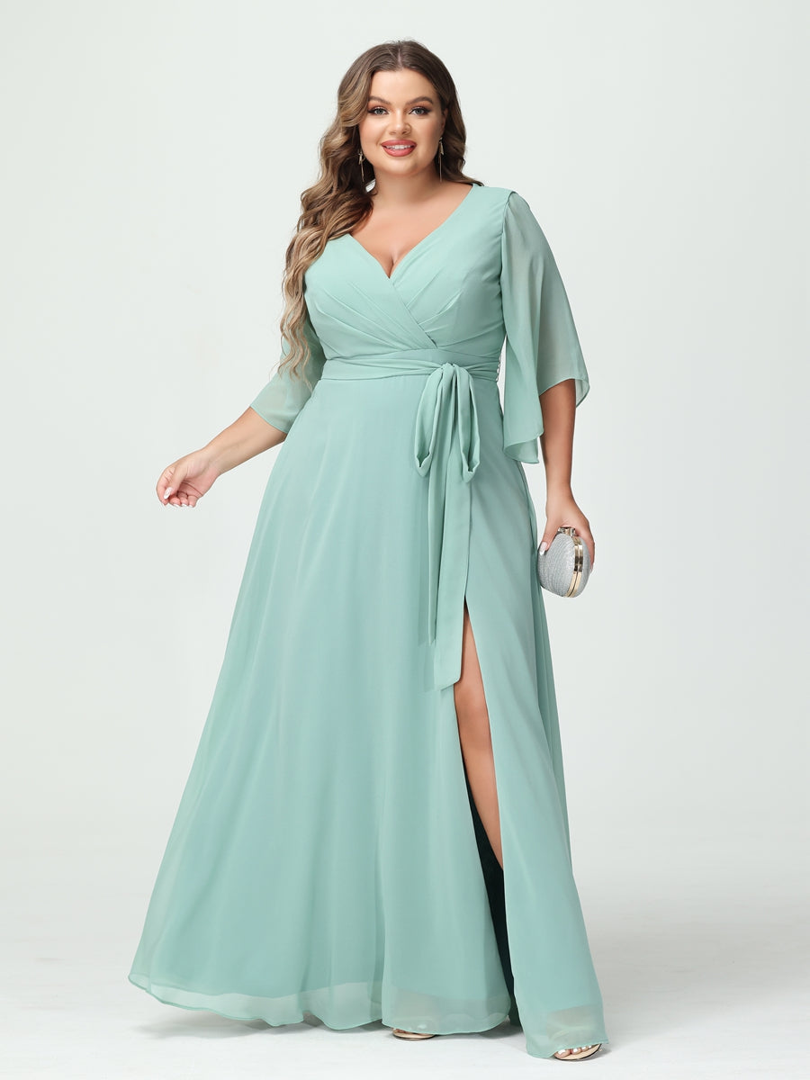 A-Line/Princess V-Neck Long Sleeves Chiffon Split Side Plus Size Bridesmaid Dresses With Pockets Belt - 画像 (3)