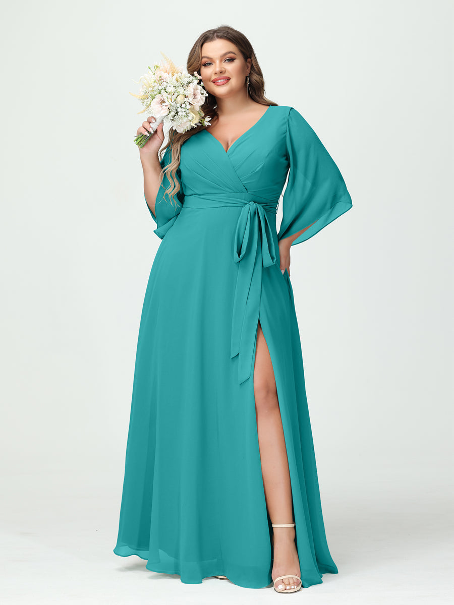 A-Line/Princess V-Neck Long Sleeves Chiffon Split Side Plus Size Bridesmaid Dresses With Pockets Belt - 画像 (52)