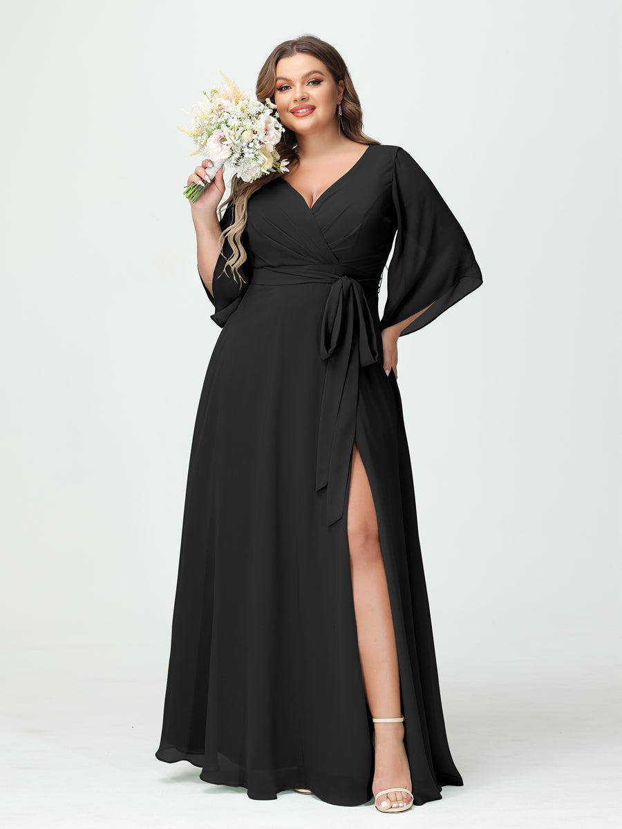 A-Line/Princess V-Neck Long Sleeves Chiffon Split Side Plus Size Bridesmaid Dresses With Pockets Belt - 画像 (18)