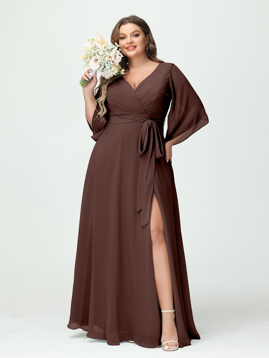 A-Line/Princess V-Neck Long Sleeves Chiffon Split Side Plus Size Bridesmaid Dresses With Pockets Belt - 画像 (76)