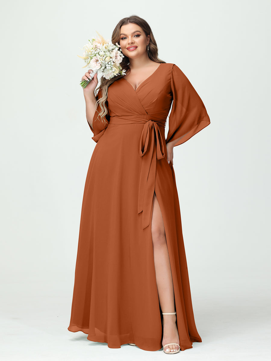 A-Line/Princess V-Neck Long Sleeves Chiffon Split Side Plus Size Bridesmaid Dresses With Pockets Belt - 画像 (9)