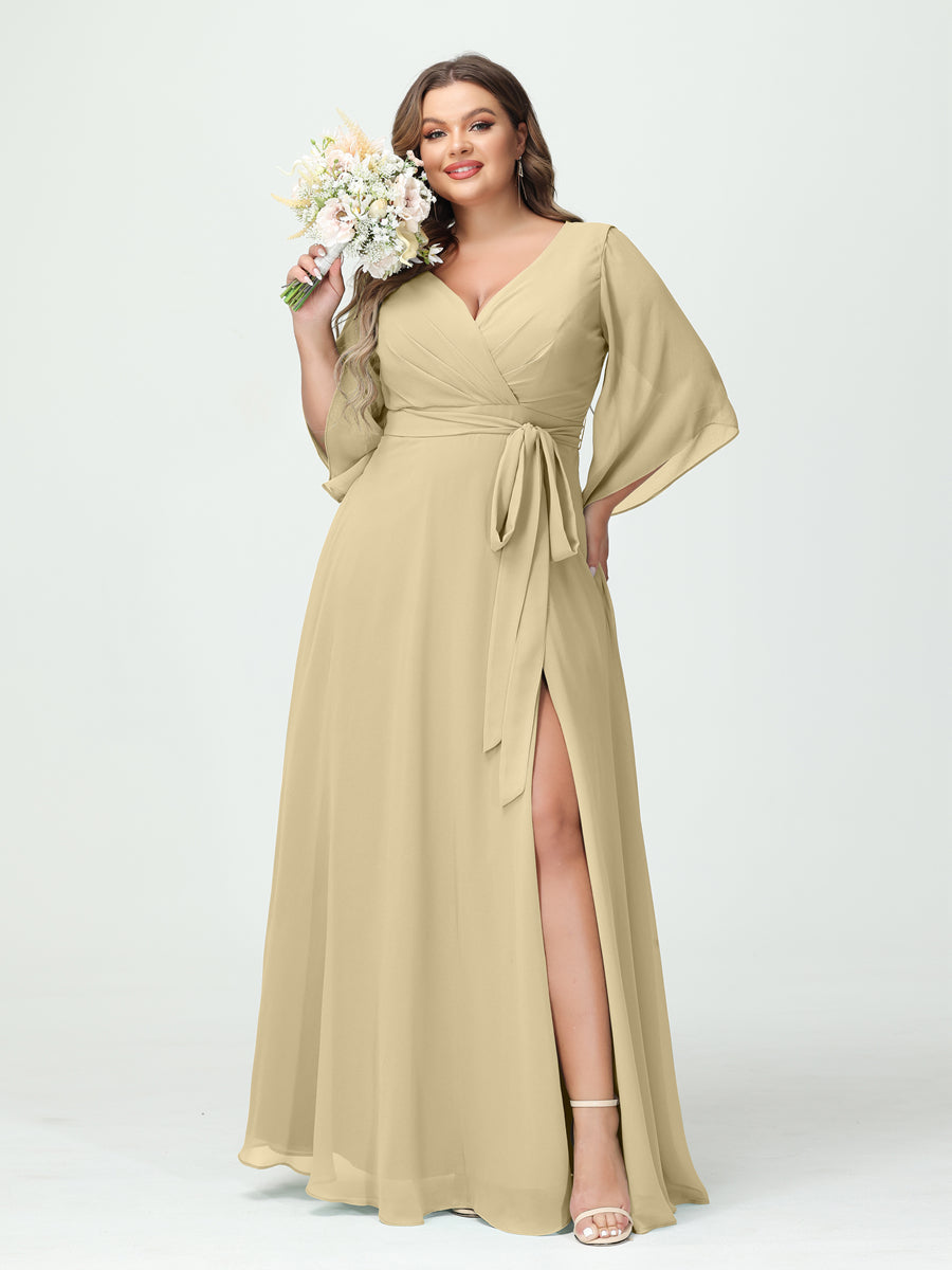 A-Line/Princess V-Neck Long Sleeves Chiffon Split Side Plus Size Bridesmaid Dresses With Pockets Belt - 画像 (24)
