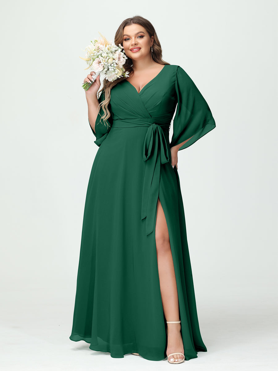 A-Line/Princess V-Neck Long Sleeves Chiffon Split Side Plus Size Bridesmaid Dresses With Pockets Belt - 画像 (11)