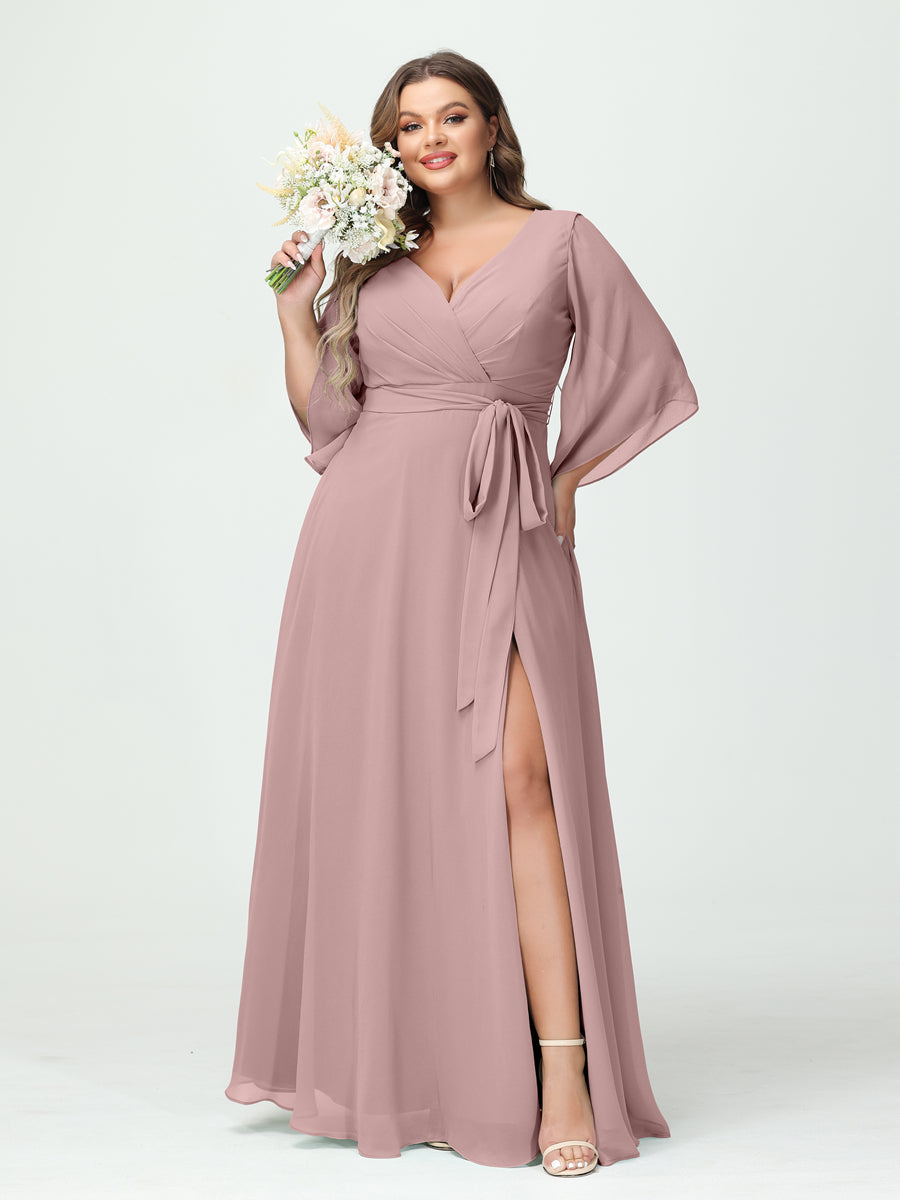 A-Line/Princess V-Neck Long Sleeves Chiffon Split Side Plus Size Bridesmaid Dresses With Pockets Belt - 画像 (30)