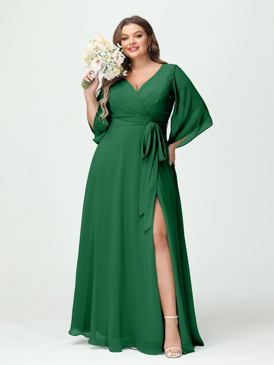 A-Line/Princess V-Neck Long Sleeves Chiffon Split Side Plus Size Bridesmaid Dresses With Pockets Belt - 画像 (67)