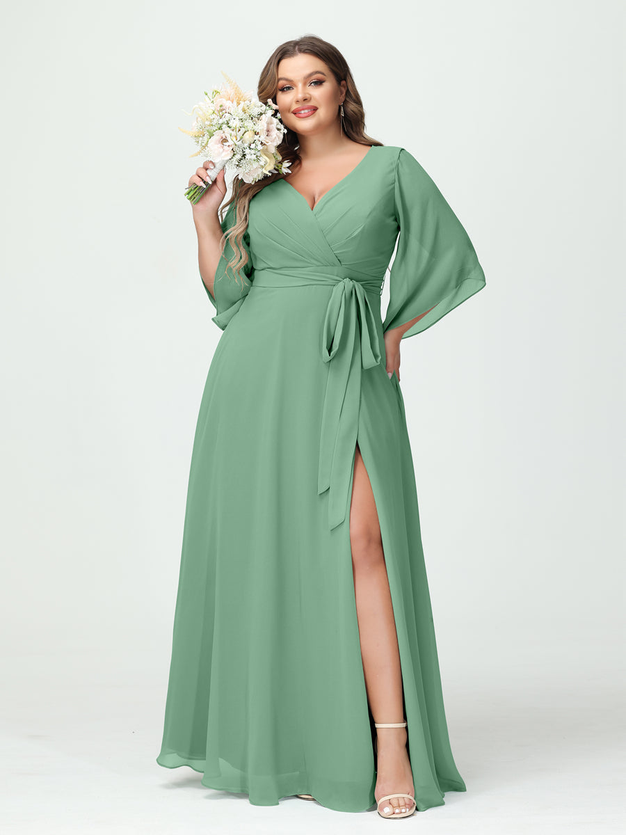 A-Line/Princess V-Neck Long Sleeves Chiffon Split Side Plus Size Bridesmaid Dresses With Pockets Belt - 画像 (17)