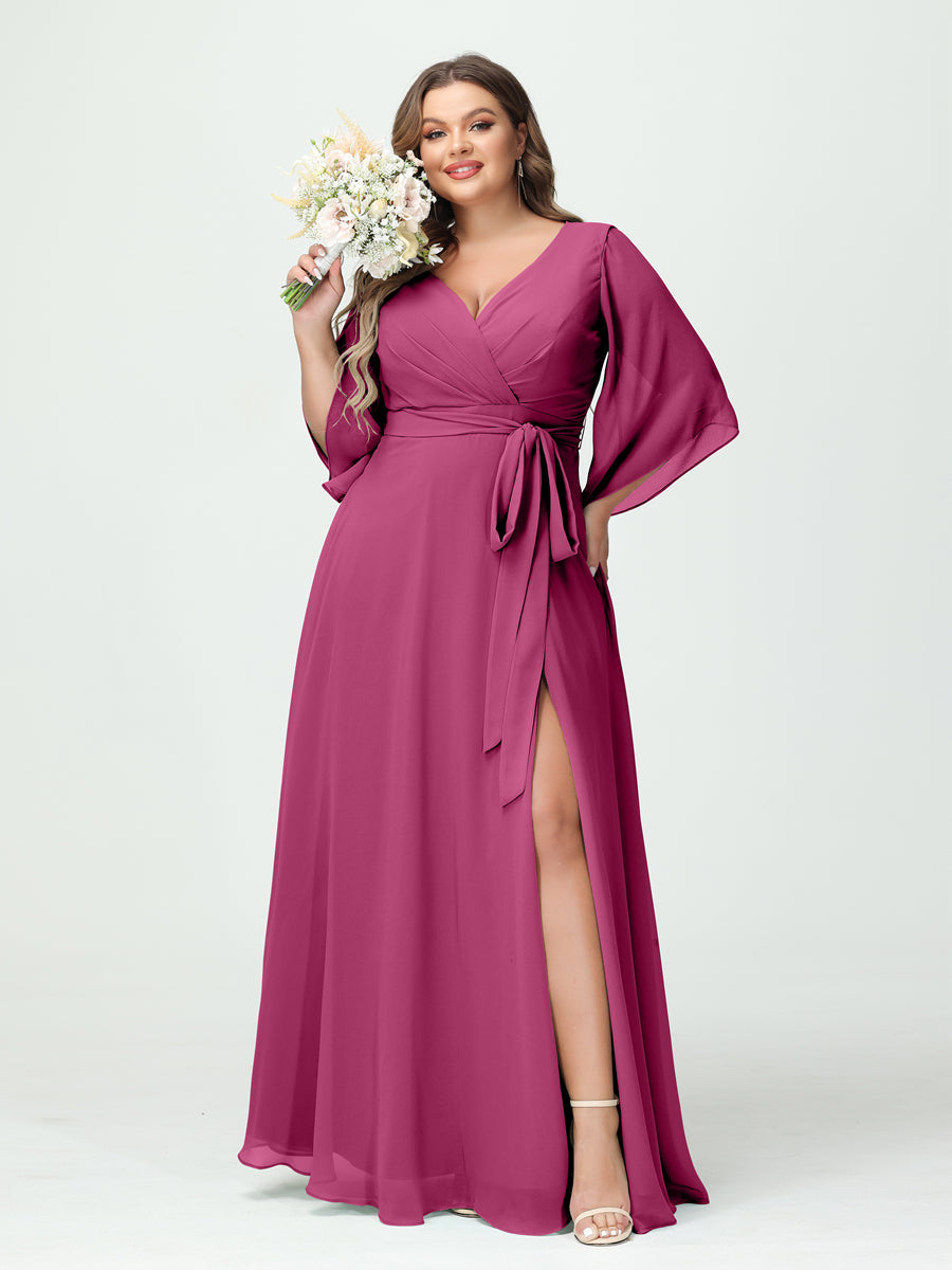 A-Line/Princess V-Neck Long Sleeves Chiffon Split Side Plus Size Bridesmaid Dresses With Pockets Belt - 画像 (35)