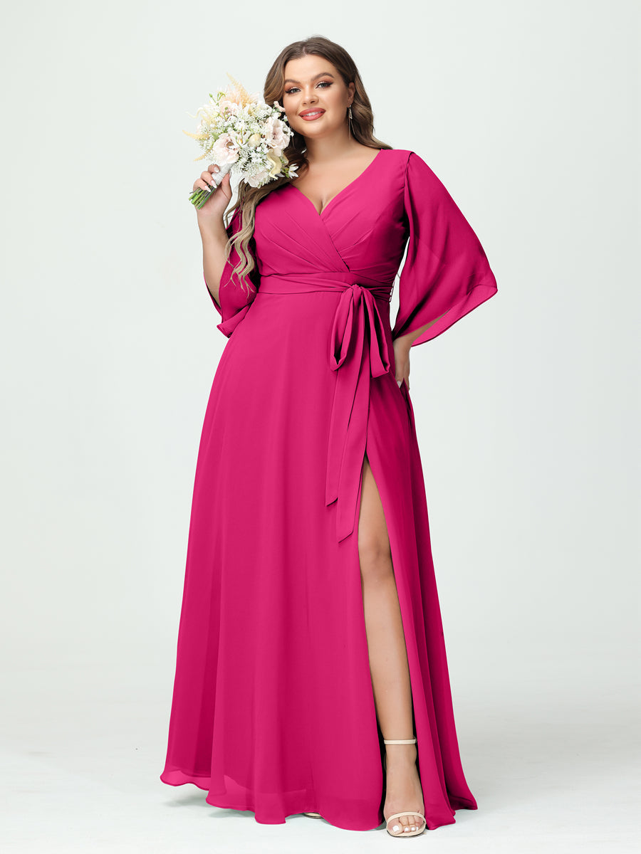 A-Line/Princess V-Neck Long Sleeves Chiffon Split Side Plus Size Bridesmaid Dresses With Pockets Belt - 画像 (34)