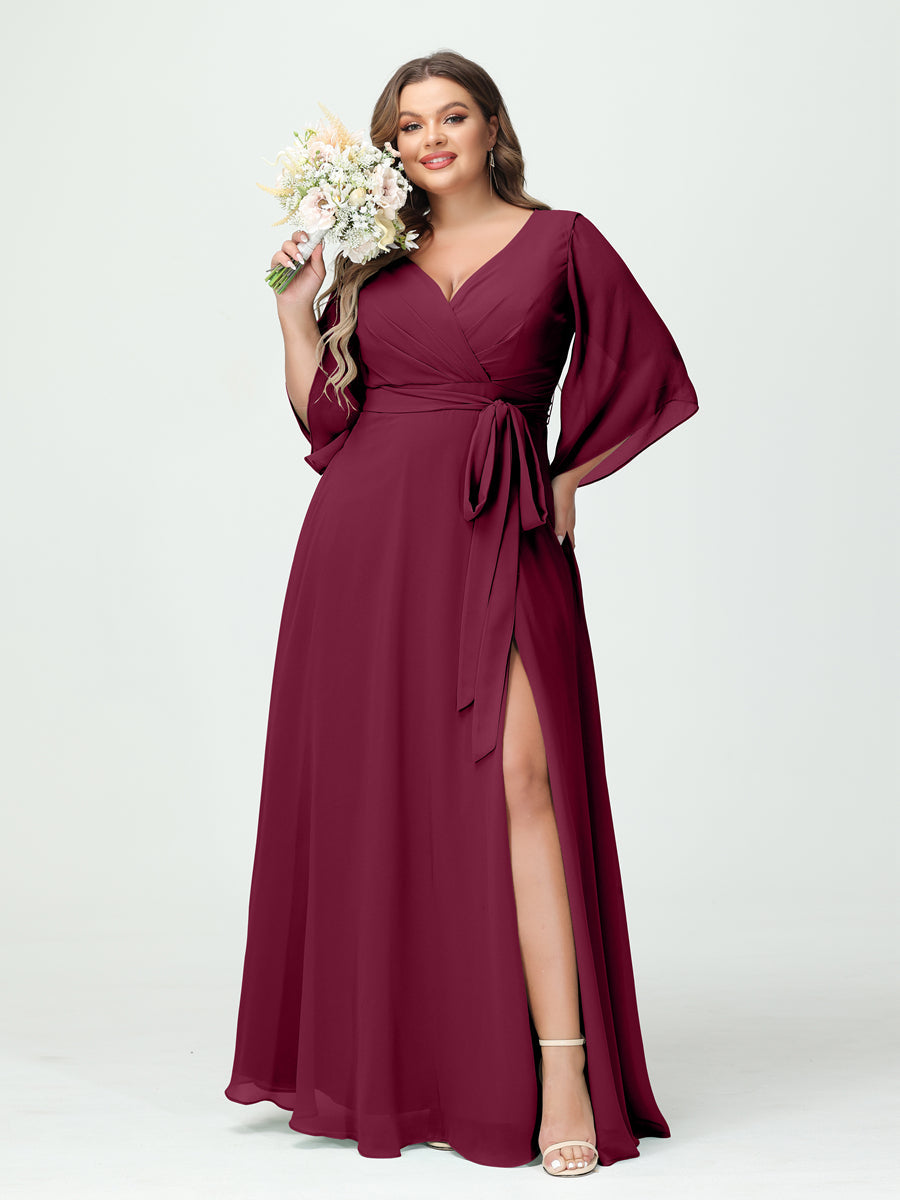 A-Line/Princess V-Neck Long Sleeves Chiffon Split Side Plus Size Bridesmaid Dresses With Pockets Belt - 画像 (38)