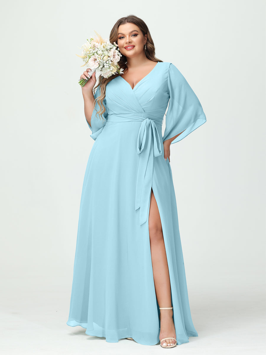 A-Line/Princess V-Neck Long Sleeves Chiffon Split Side Plus Size Bridesmaid Dresses With Pockets Belt - 画像 (49)