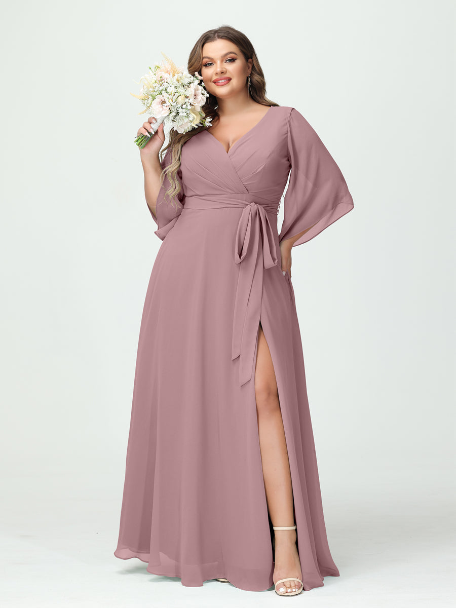 A-Line/Princess V-Neck Long Sleeves Chiffon Split Side Plus Size Bridesmaid Dresses With Pockets Belt - 画像 (31)
