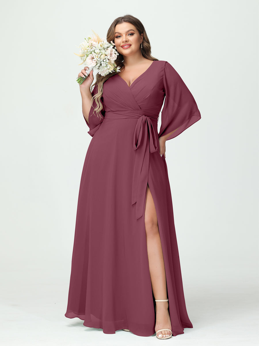 A-Line/Princess V-Neck Long Sleeves Chiffon Split Side Plus Size Bridesmaid Dresses With Pockets Belt - 画像 (43)