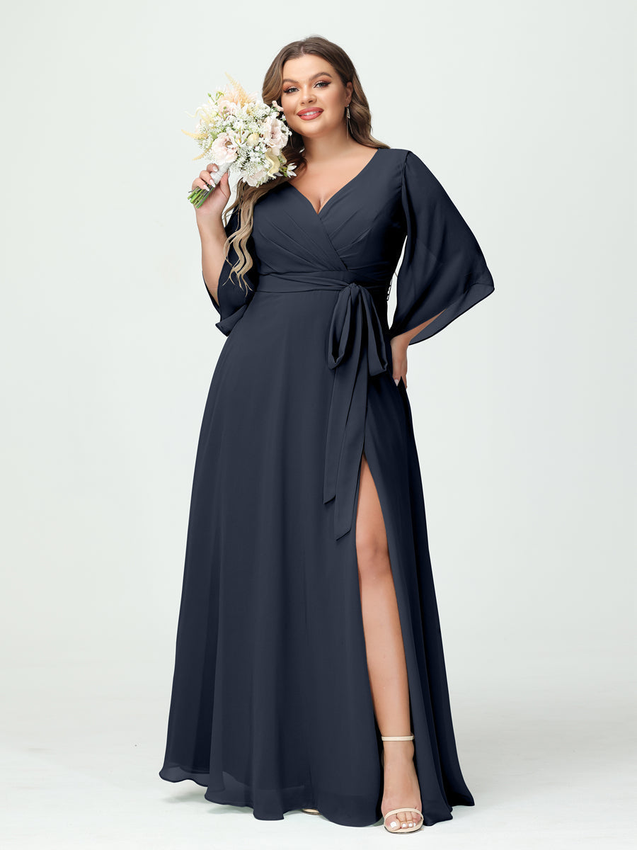 A-Line/Princess V-Neck Long Sleeves Chiffon Split Side Plus Size Bridesmaid Dresses With Pockets Belt - 画像 (59)